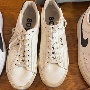 BOSS White Leather Low-Top Sneakers with Black Heel Tab 44